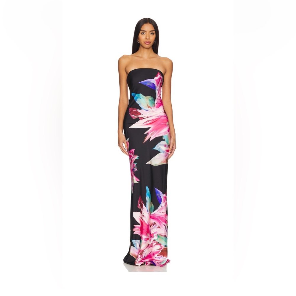 Rococo Sand Strapless Black Maxi Dress with Pink & Blue Floral Print
